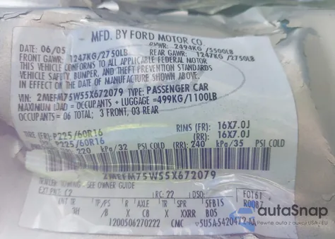 2005 Mercury Grand Marquis Ls/Lse z USA, uszkodzony, nr VIN 2MEFM75W55X672079